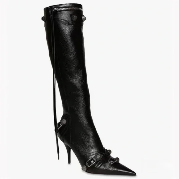 Rocker Chic Knee High Studded Stiletto Boots with Tassels - Picture 3 of 13
